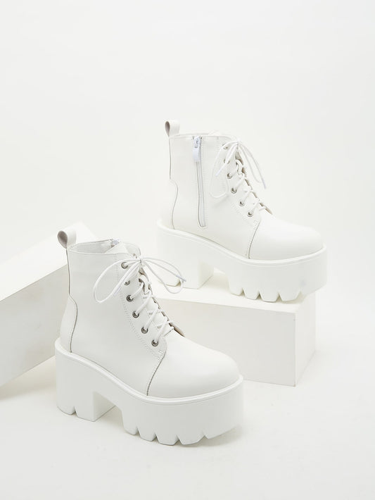 Women's White Fashionable Boots With Minimalist Design, Lace-up Front And Thick Platform Sole