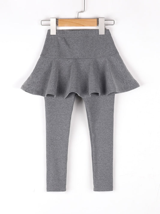 Young Girl Cute Knitted Solid Color Ruffle Trim Sports Leggings, Perfect For Casual Streetwear