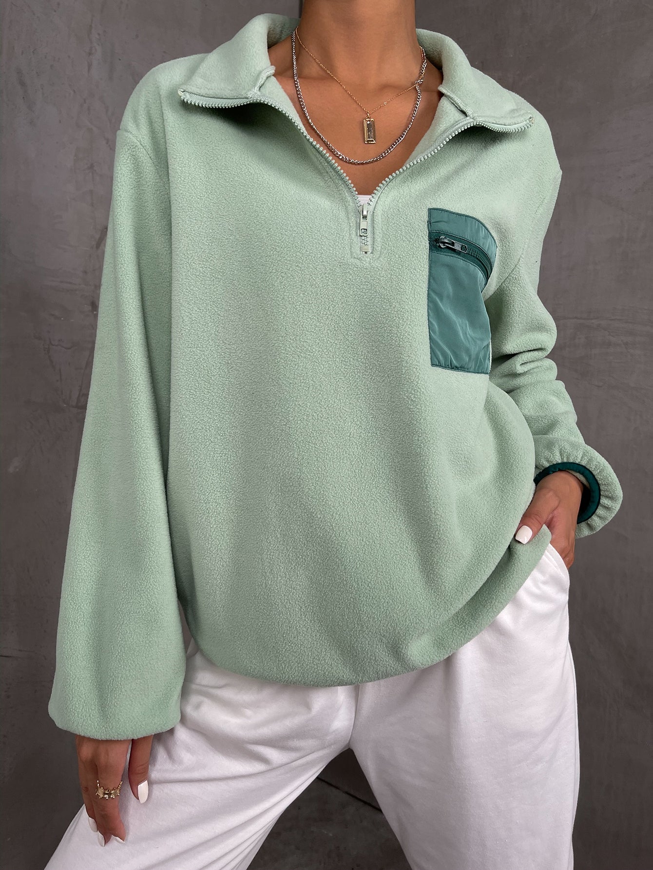 Solid Pocket Patched Half Zip Sweatshirt