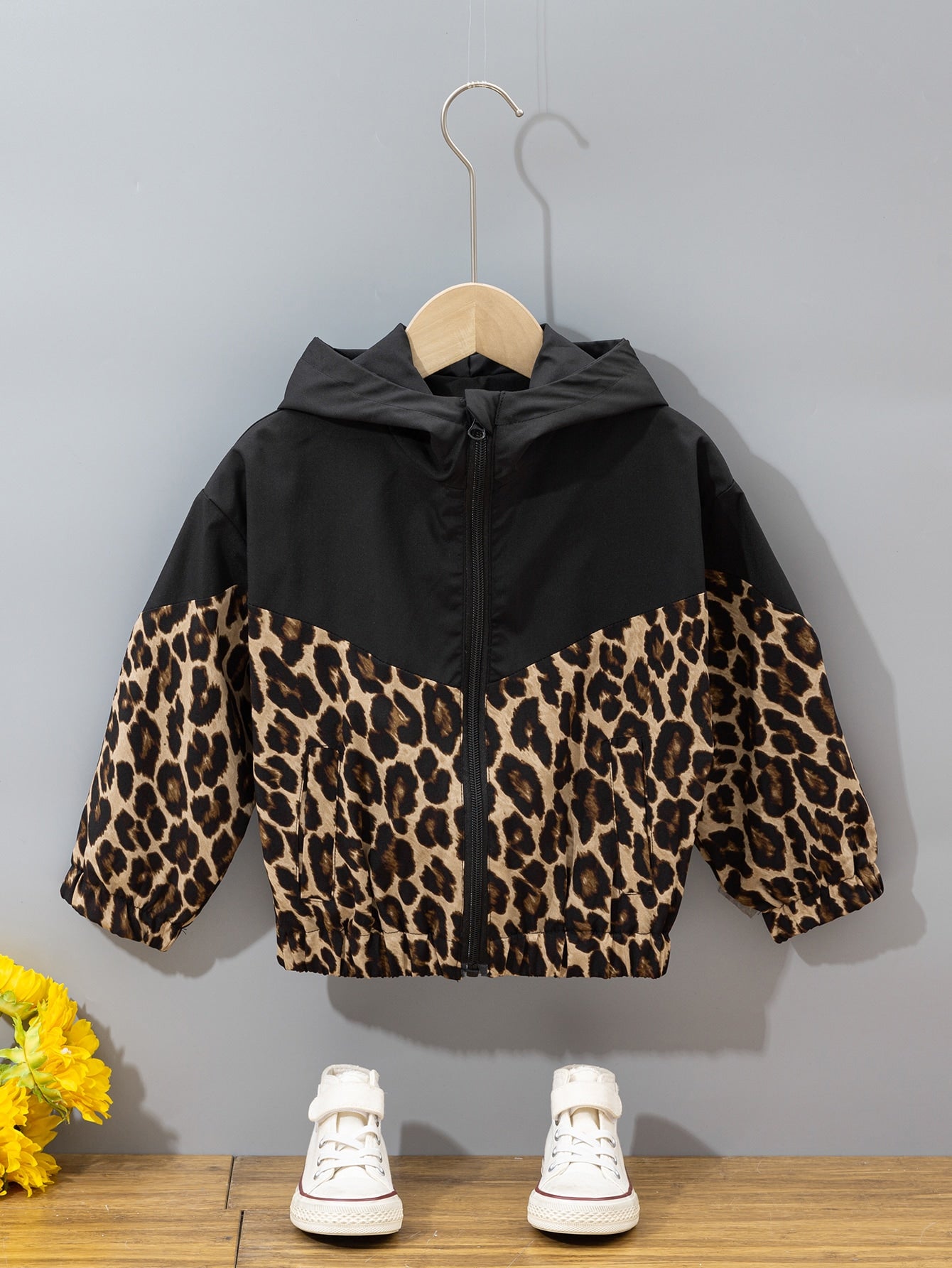 Young Girl Leopard Panel Zip Up Hooded Jacket