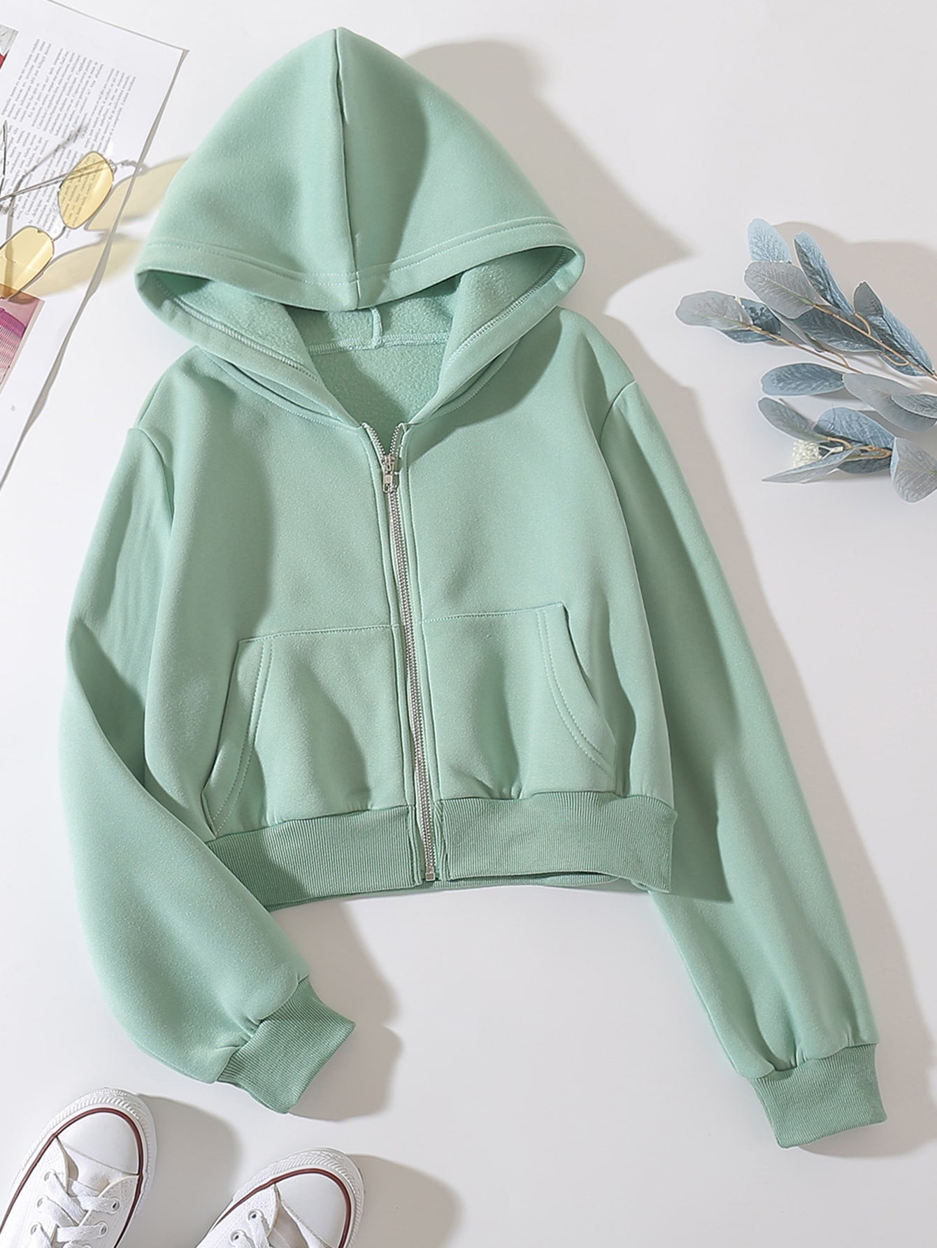 Solid Zip Up Drop Shoulder Thermal Lined Crop Hoodie