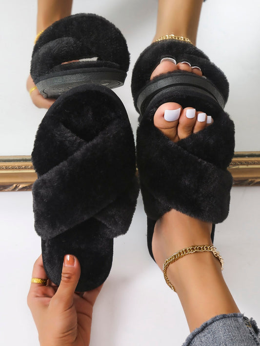 Fashion Black Slippers For Women, Fluffy Criss Cross Slippers