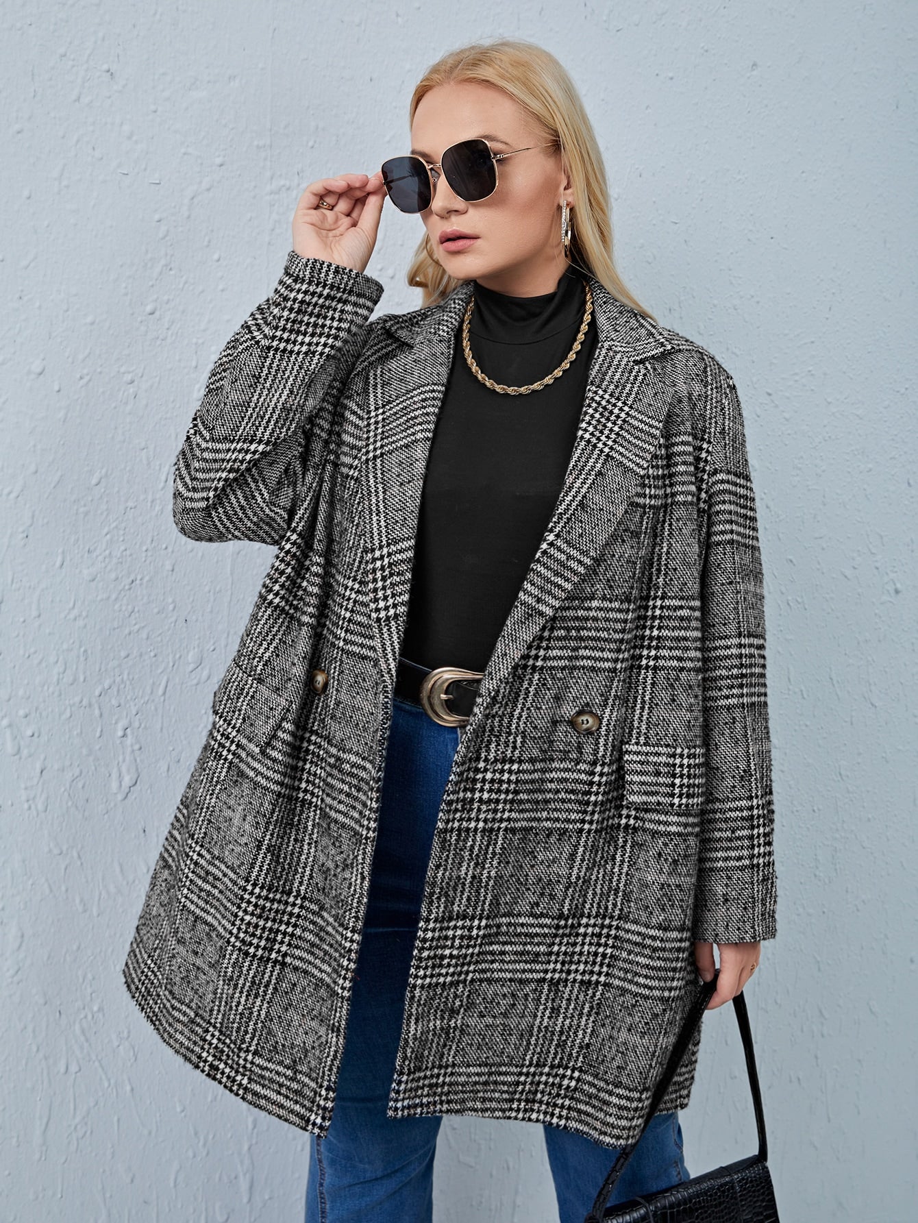 BIZwear Plus Plaid Flap Detail Double Button Lapel Neck Overcoat