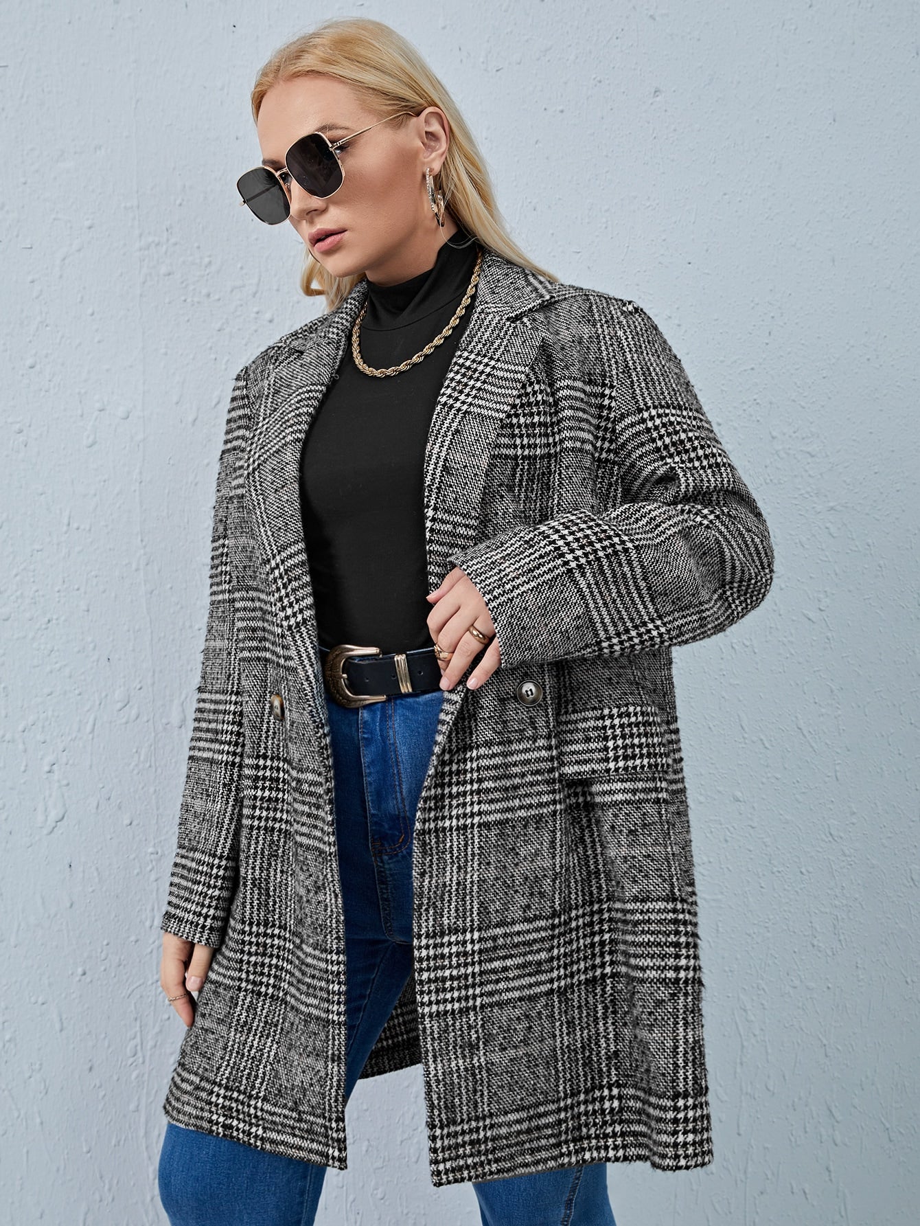 BIZwear Plus Plaid Flap Detail Double Button Lapel Neck Overcoat