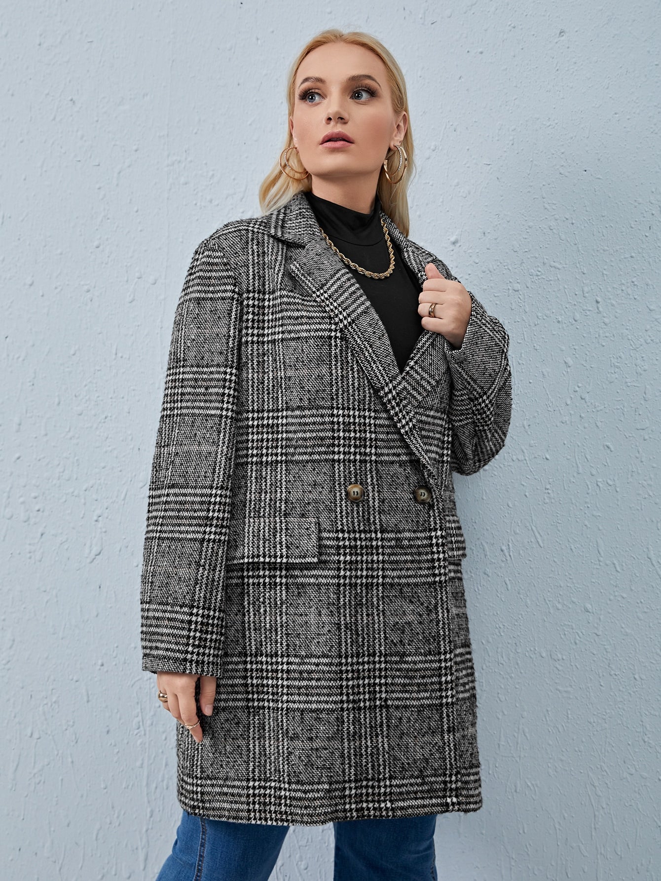 BIZwear Plus Plaid Flap Detail Double Button Lapel Neck Overcoat