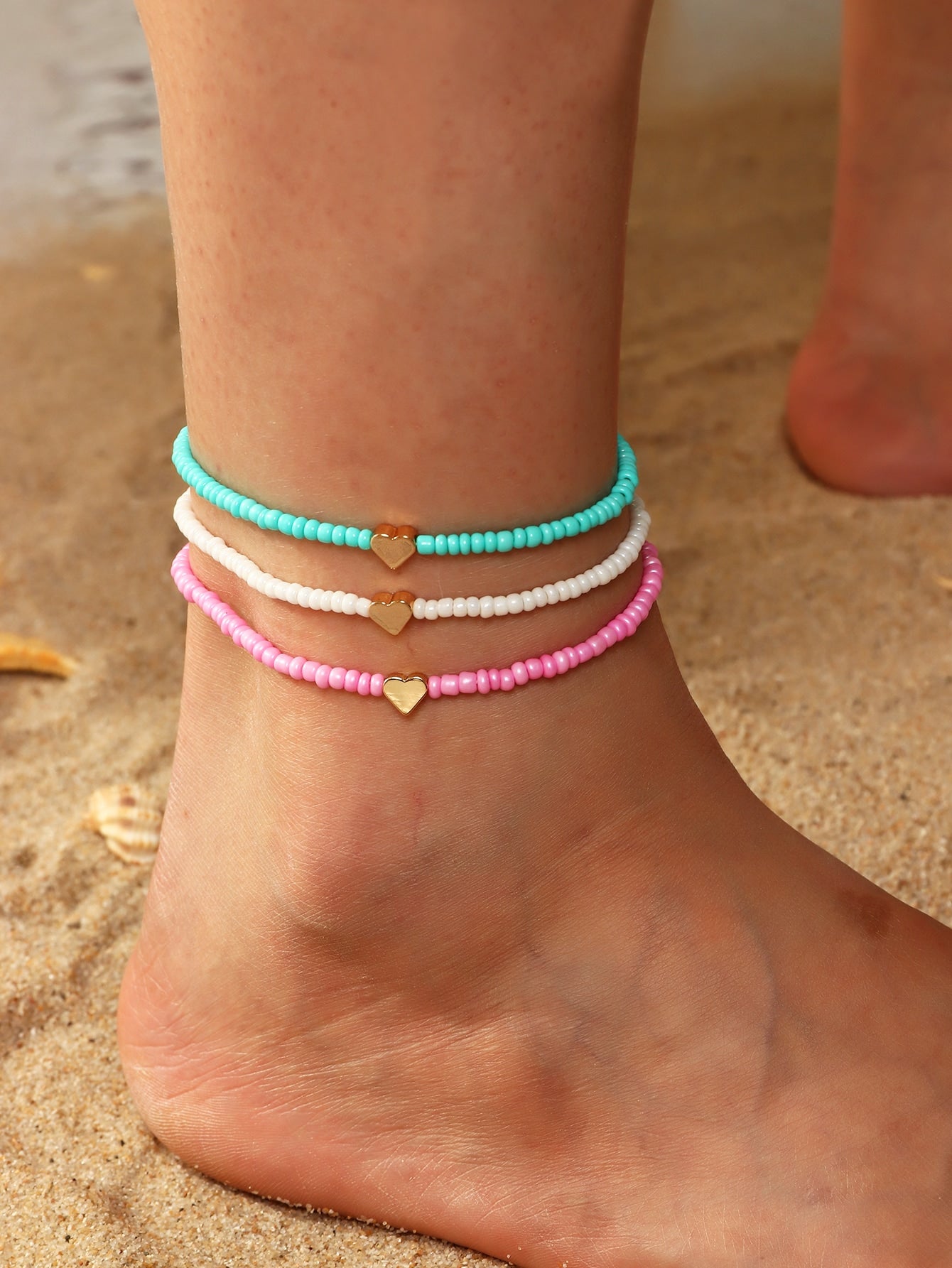 3pcs Bohemian Beach Style Heart & Rice Bead Design Elastic Anklet For Kids