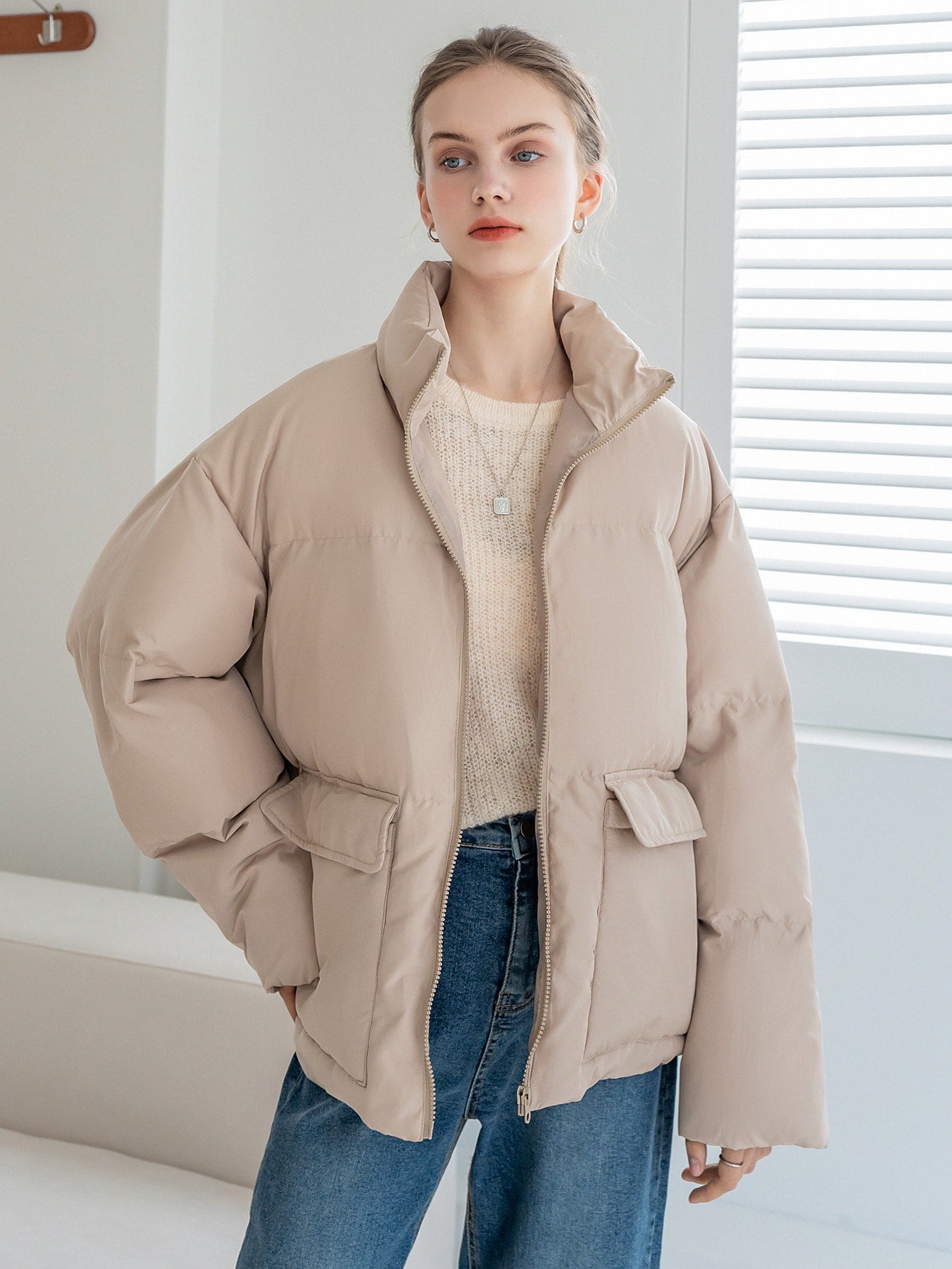 Solid Zip Up Puffer Pockets Coat