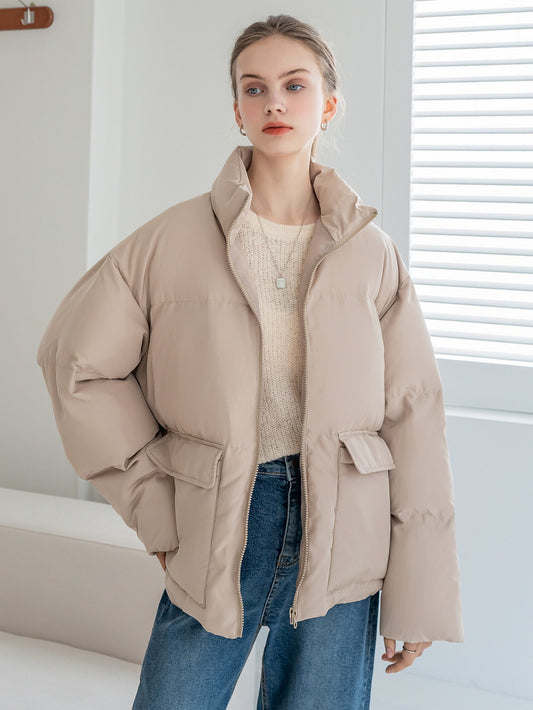 Solid Zip Up Puffer Pockets Coat