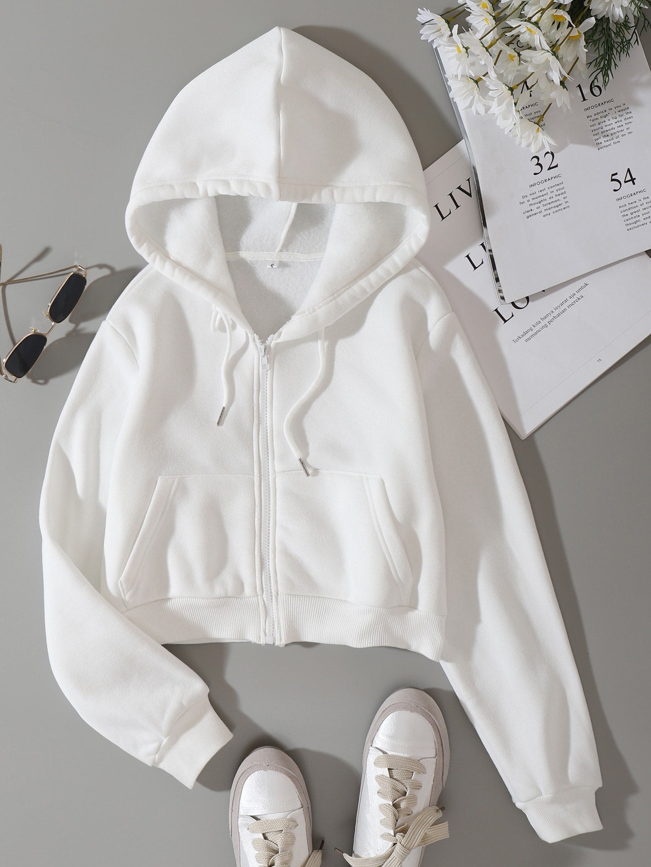 Solid Drawstring Zip Up Thermal Lined Crop Hoodie