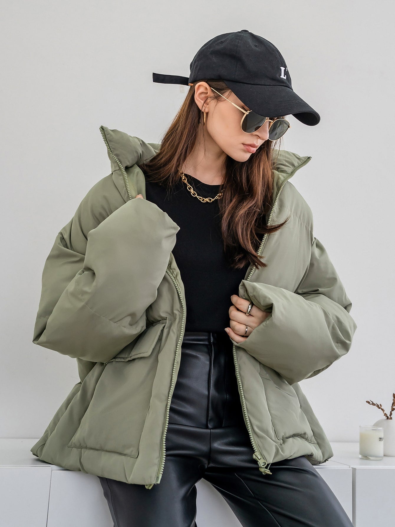 Solid Zip Up Puffer Pockets Coat