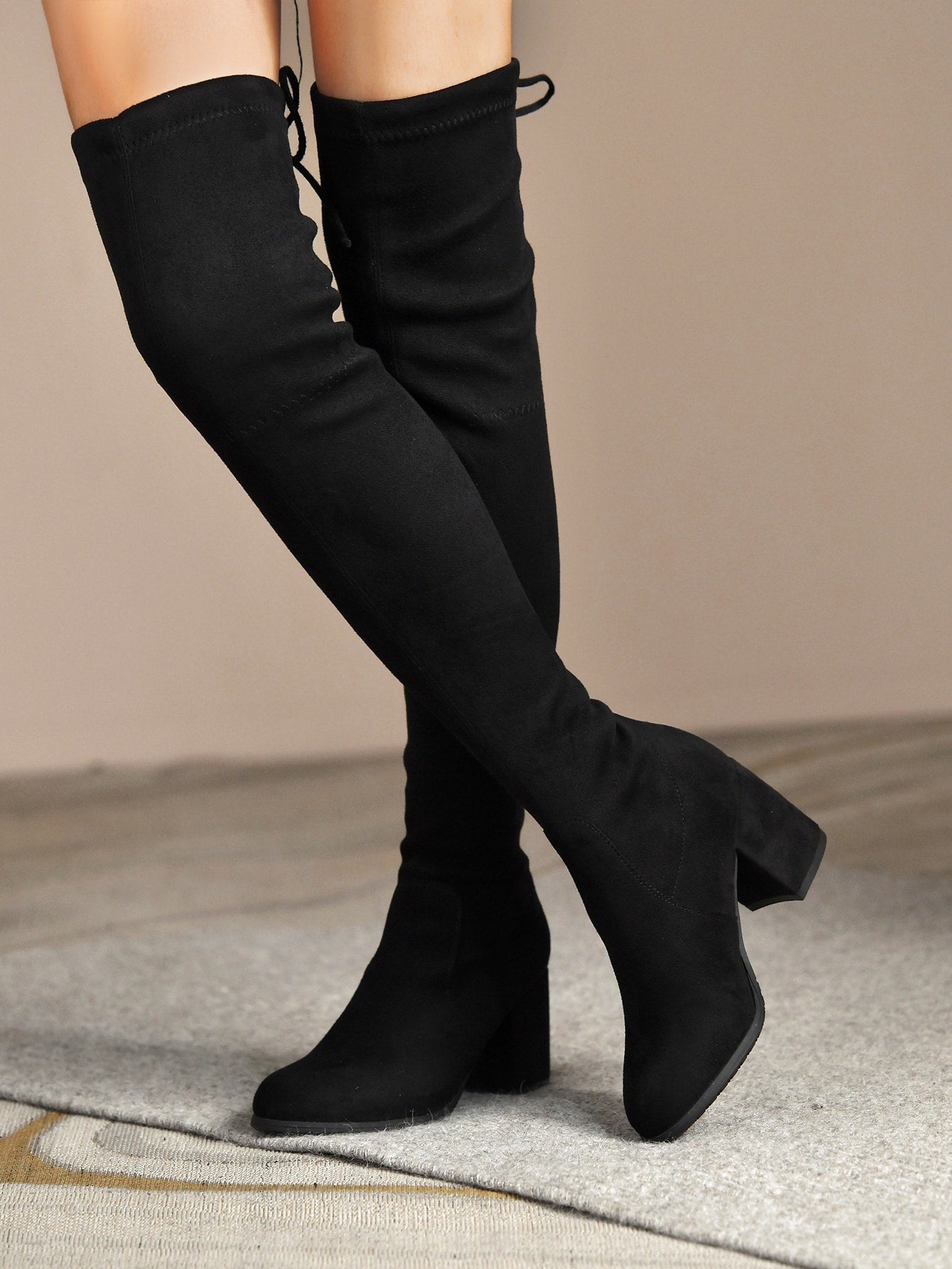 Women's Fashionable Black Synthetic Suede Stretchy Sock Boots