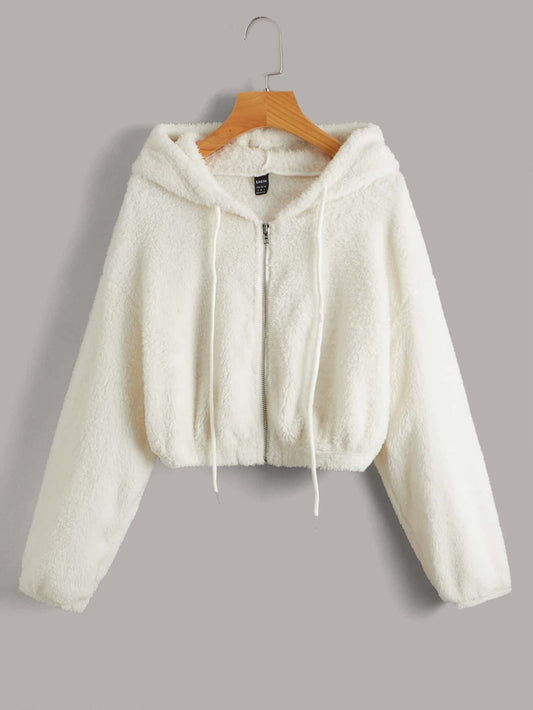 Zipper Front Drawstring Detail Teddy Jacket