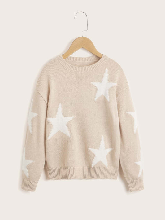 Tween Girl Star Pattern Drop Shoulder Sweater