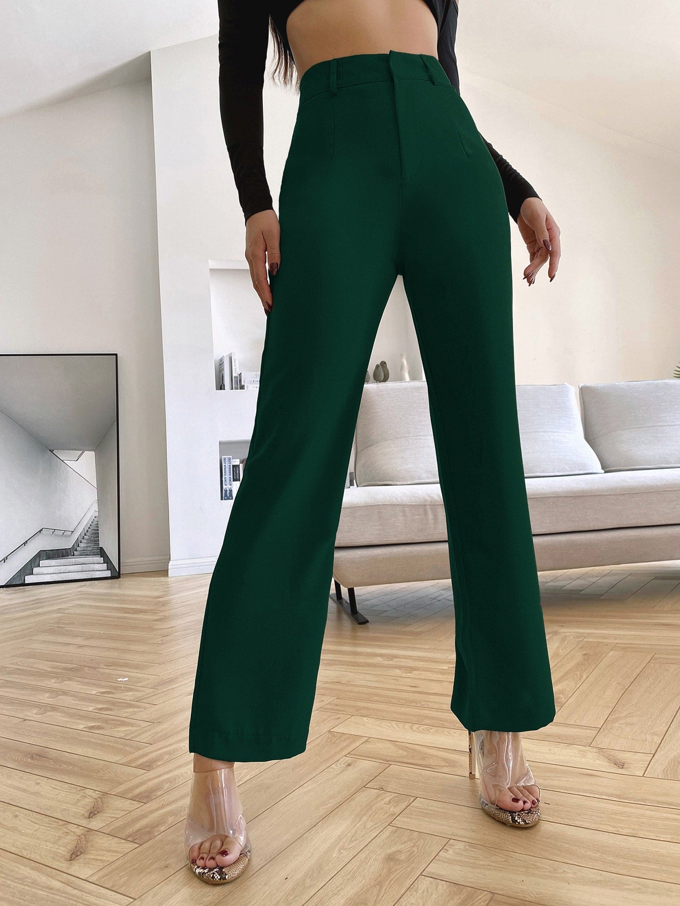 Solid High Waist Straight Leg Suit Pants