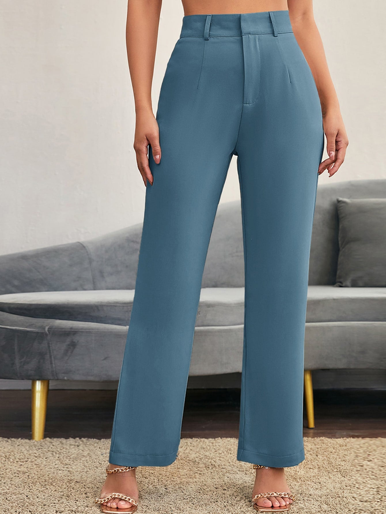 Solid High Waist Straight Leg Suit Pants