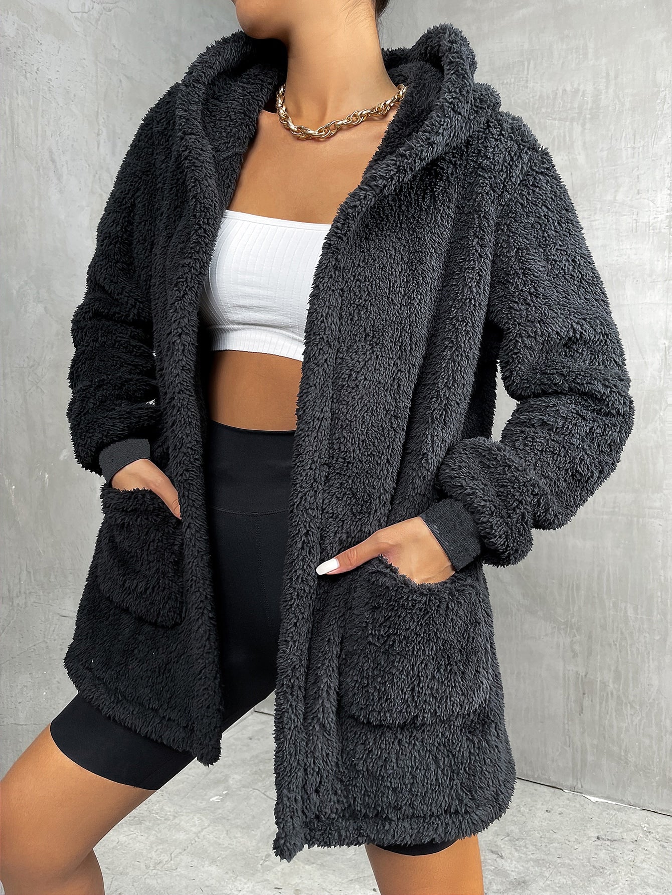 Pocket Front Hooded Teddy Coat