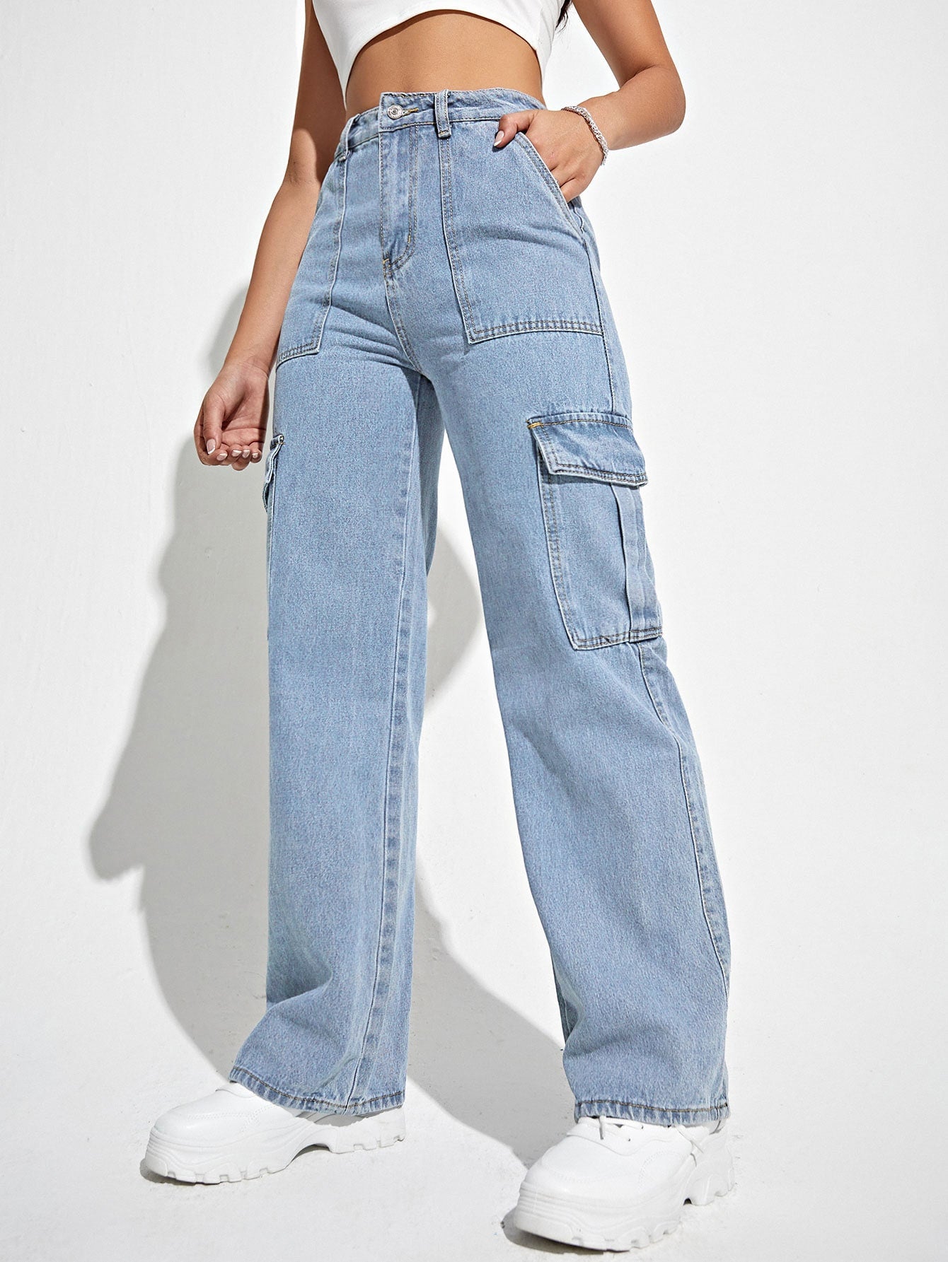 High Waisted Flap Pocket Cargo Jeans