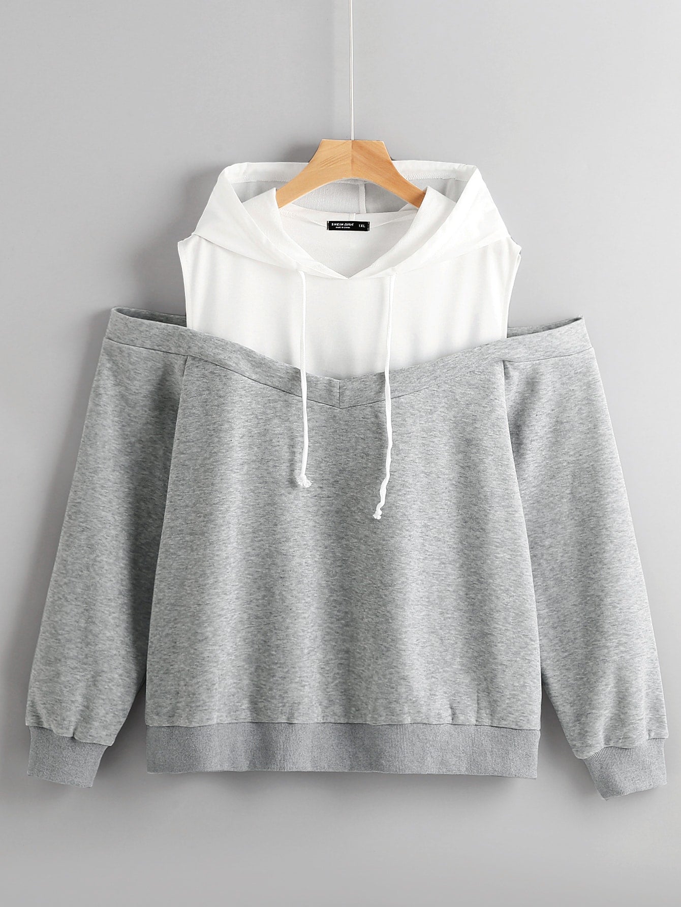 Plus Two Tone Cold Shoulder Drawstring 2 In 1 Hoodie