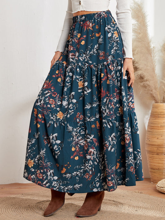 High Waist Floral Print Ruffle Hem Skirt