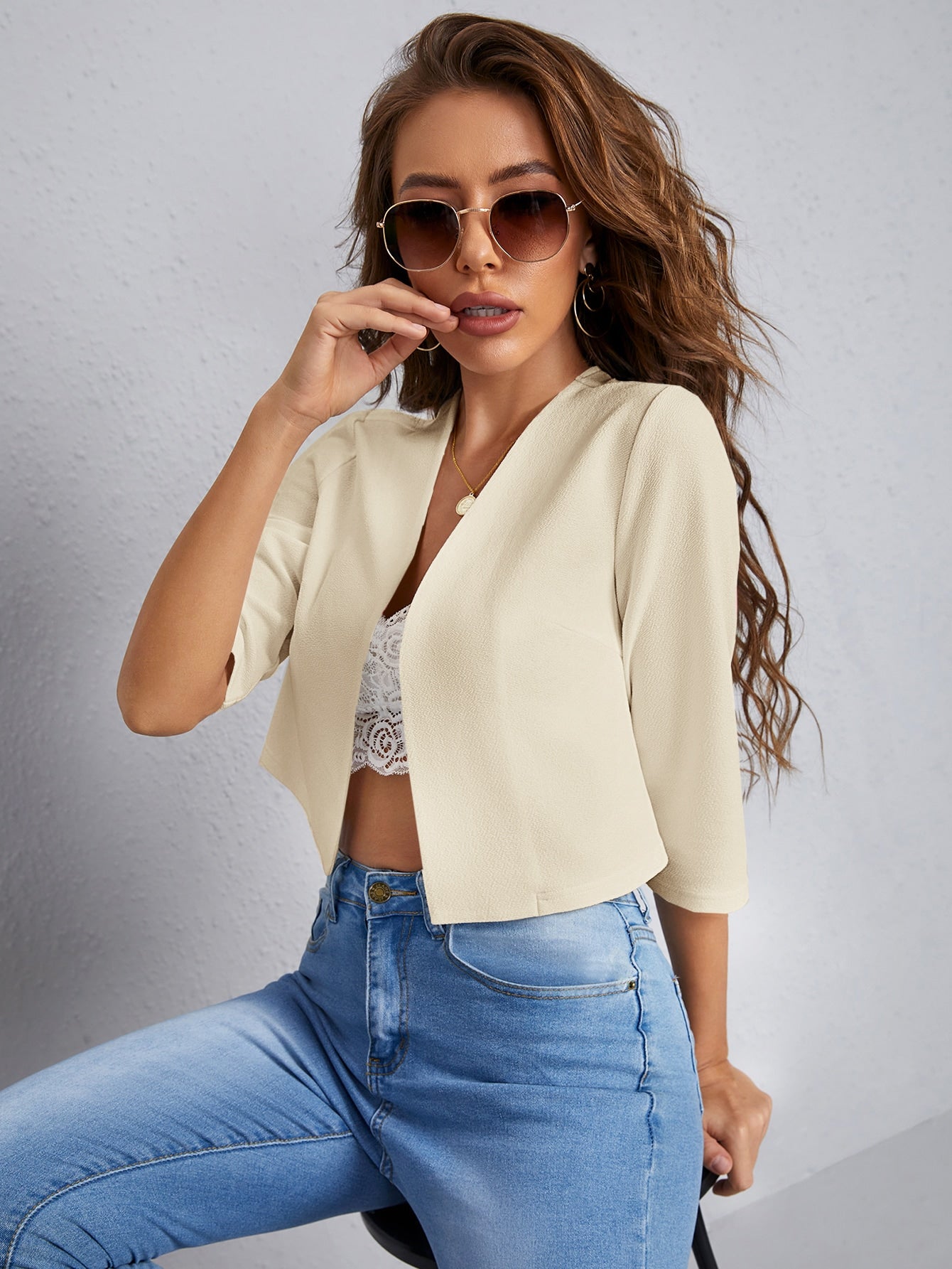 Solid Open Front Crop Women Blazer