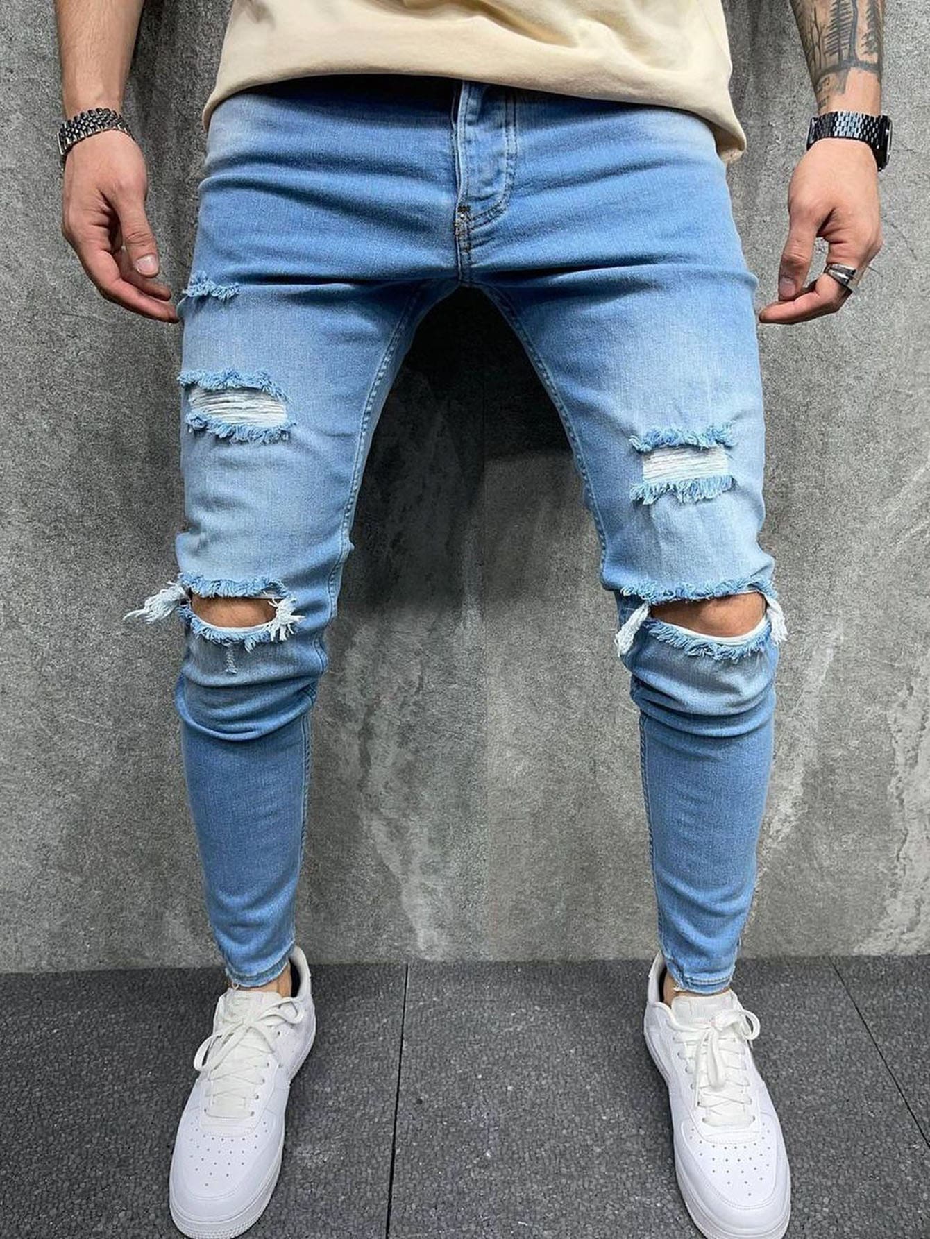 Men Cotton Ripped Washed Skinny Jeans Slim Fit Long Frayed Jean Cargo Plain Light Blue Vacation Street Wear Friends