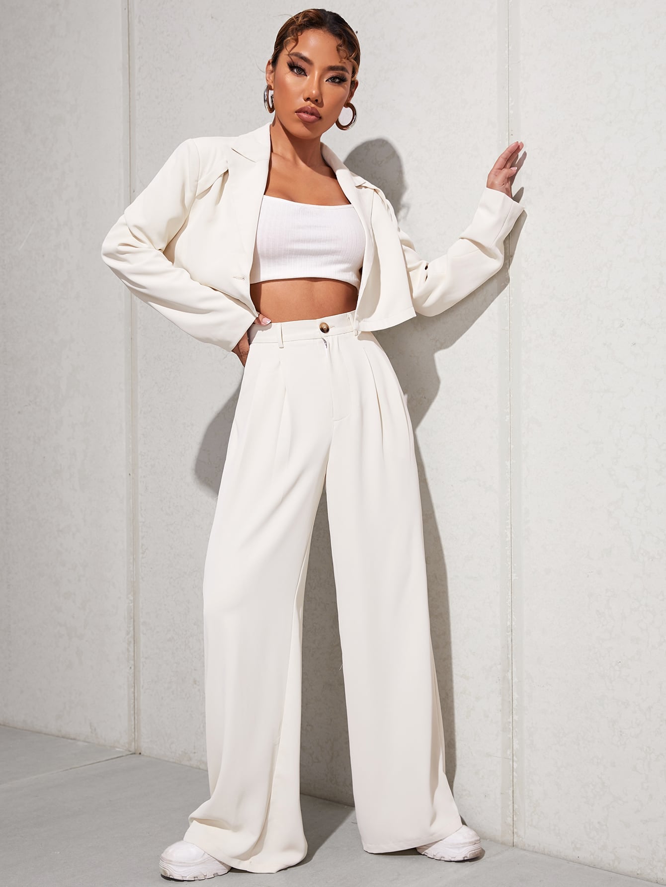 Lapel Neck Single Button Crop Blazer & Pants