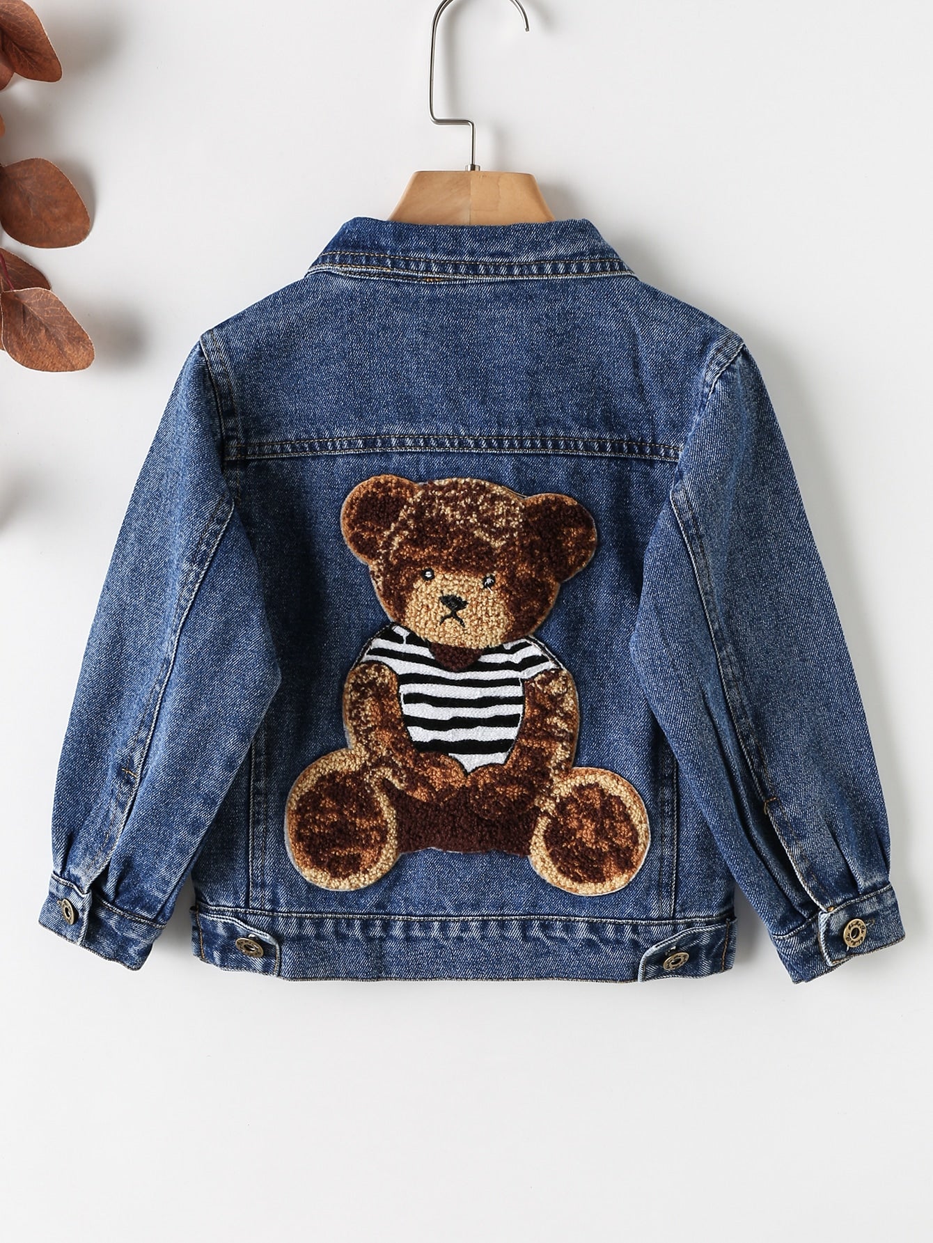 Boys' Cute Embroidered Bear Design Plain Color Denim Jacket