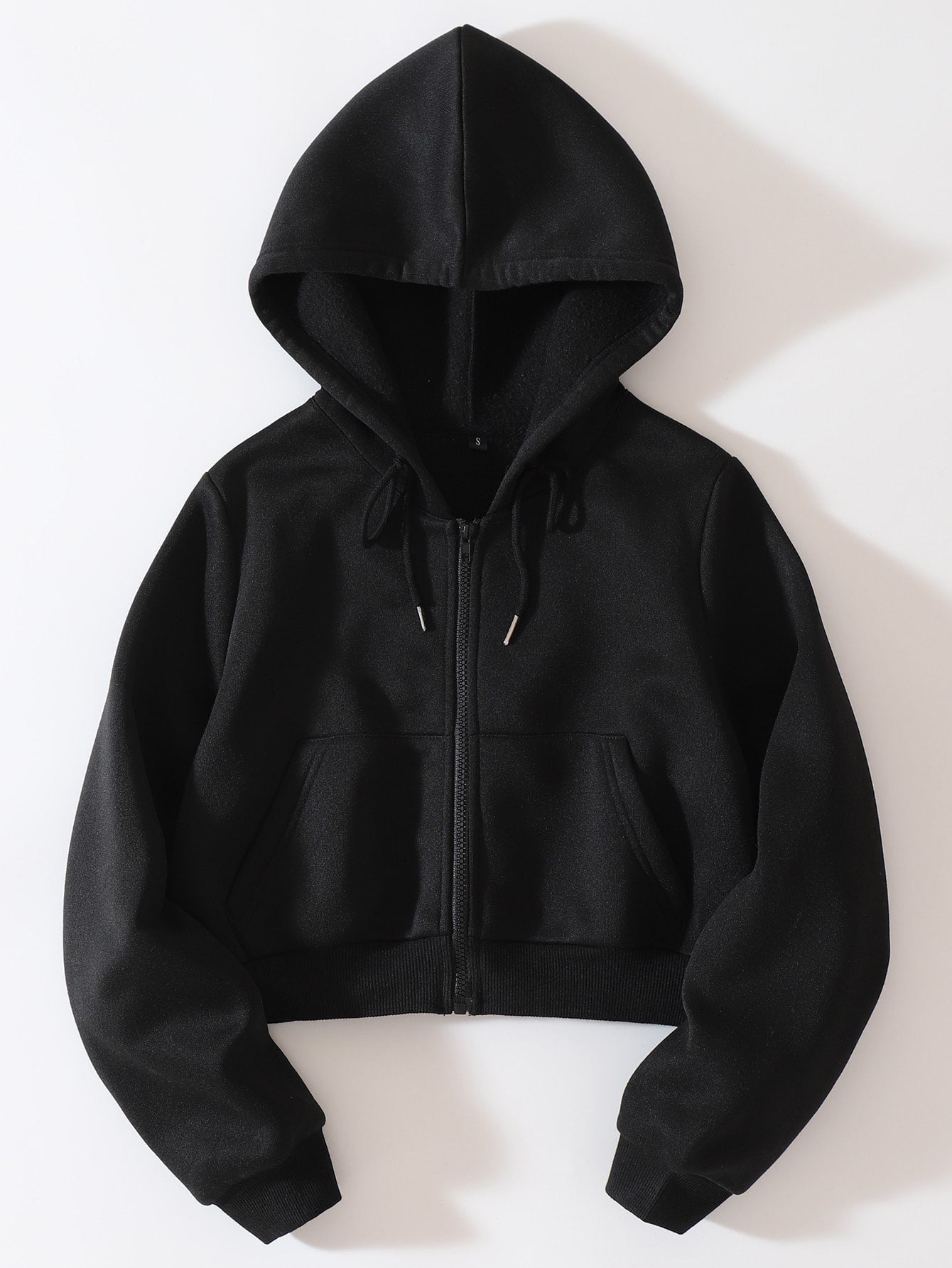 Solid Drawstring Zip Up Thermal Lined Crop Hoodie