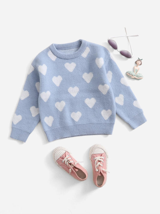 Young Girl Heart Pattern Jacquard Crew Neck Sweater Is Suitable For Autumn And Winter