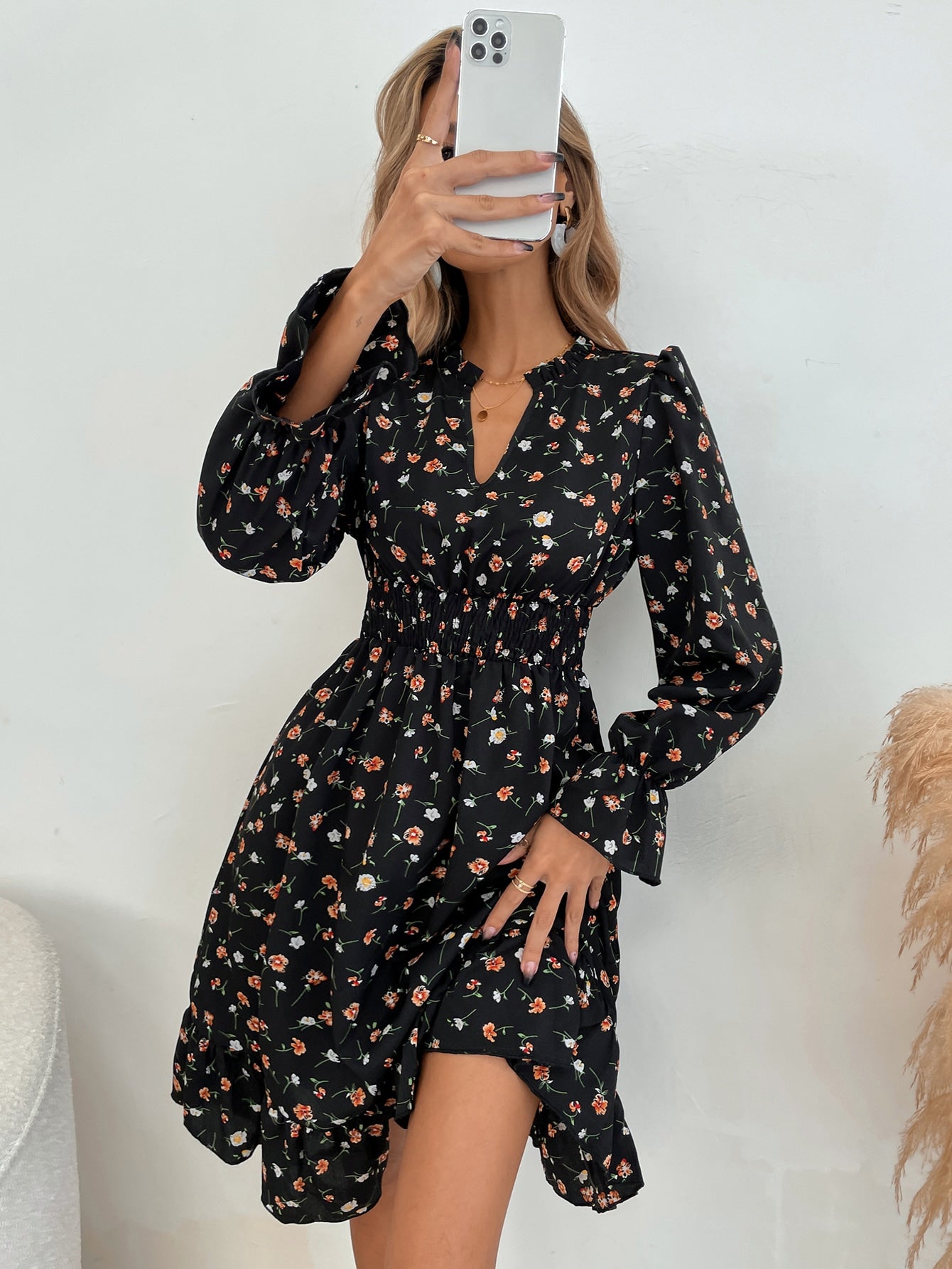 Ditsy Floral Print Notch Neck Shirred Waist Dress