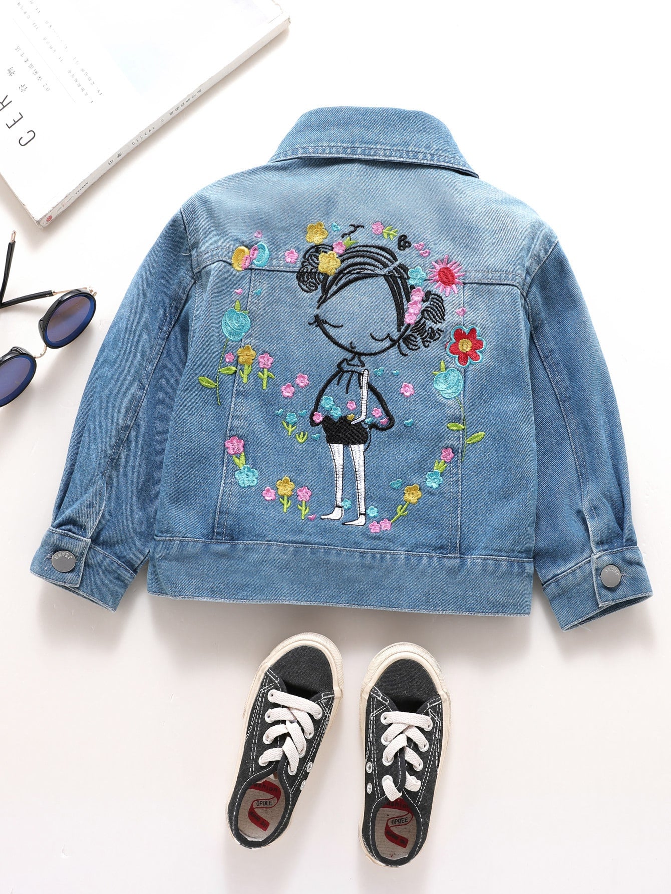 Young Girl Cartoon And Floral Embroidery Denim Jacket