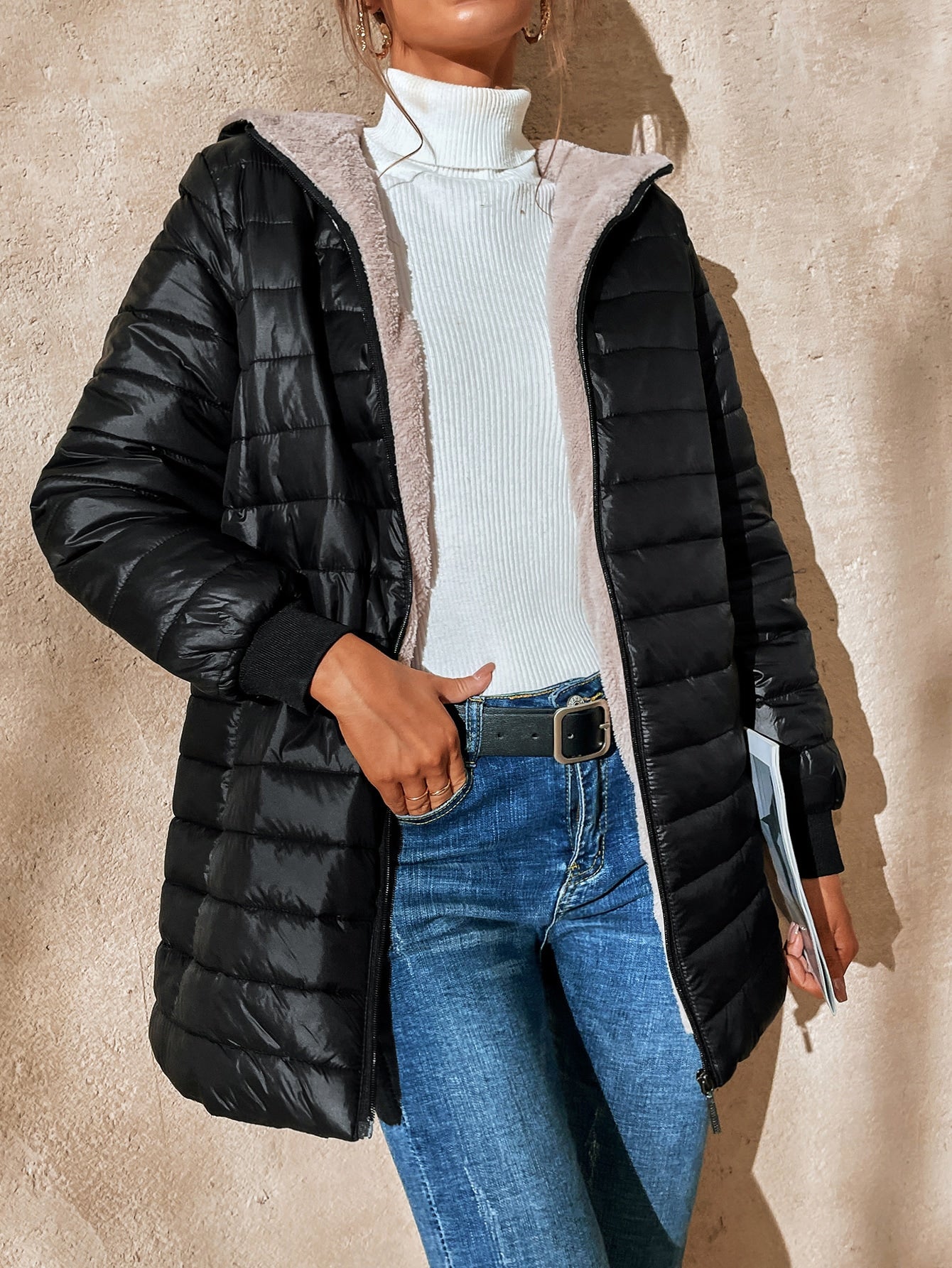 Zip Up Teddy Lined Hooded Padded Coat