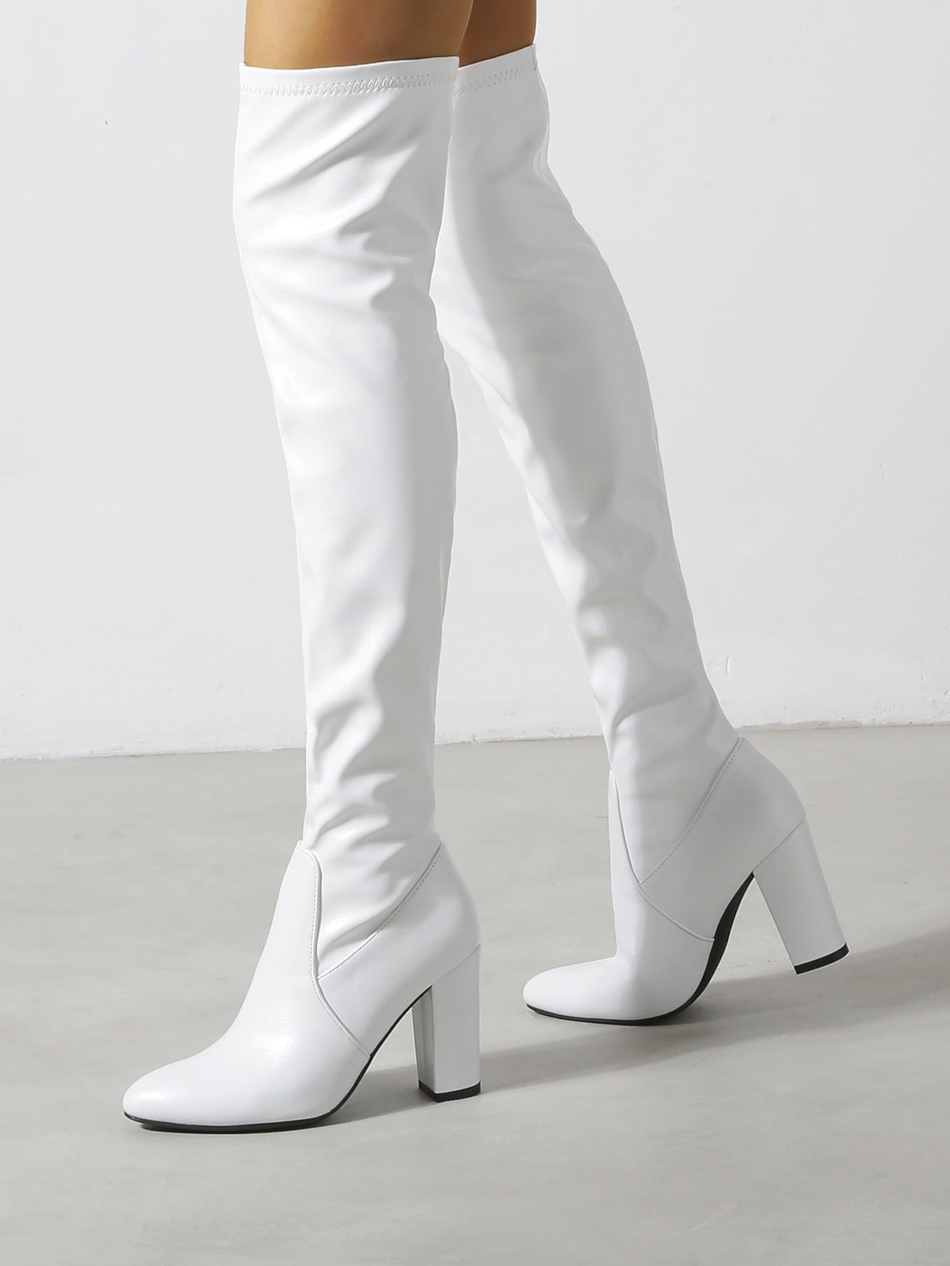 White Thigh-High Boots For Women, Chunky Heel, Over-The-Knee, Elastic Shaft, Fashion Winter Boots