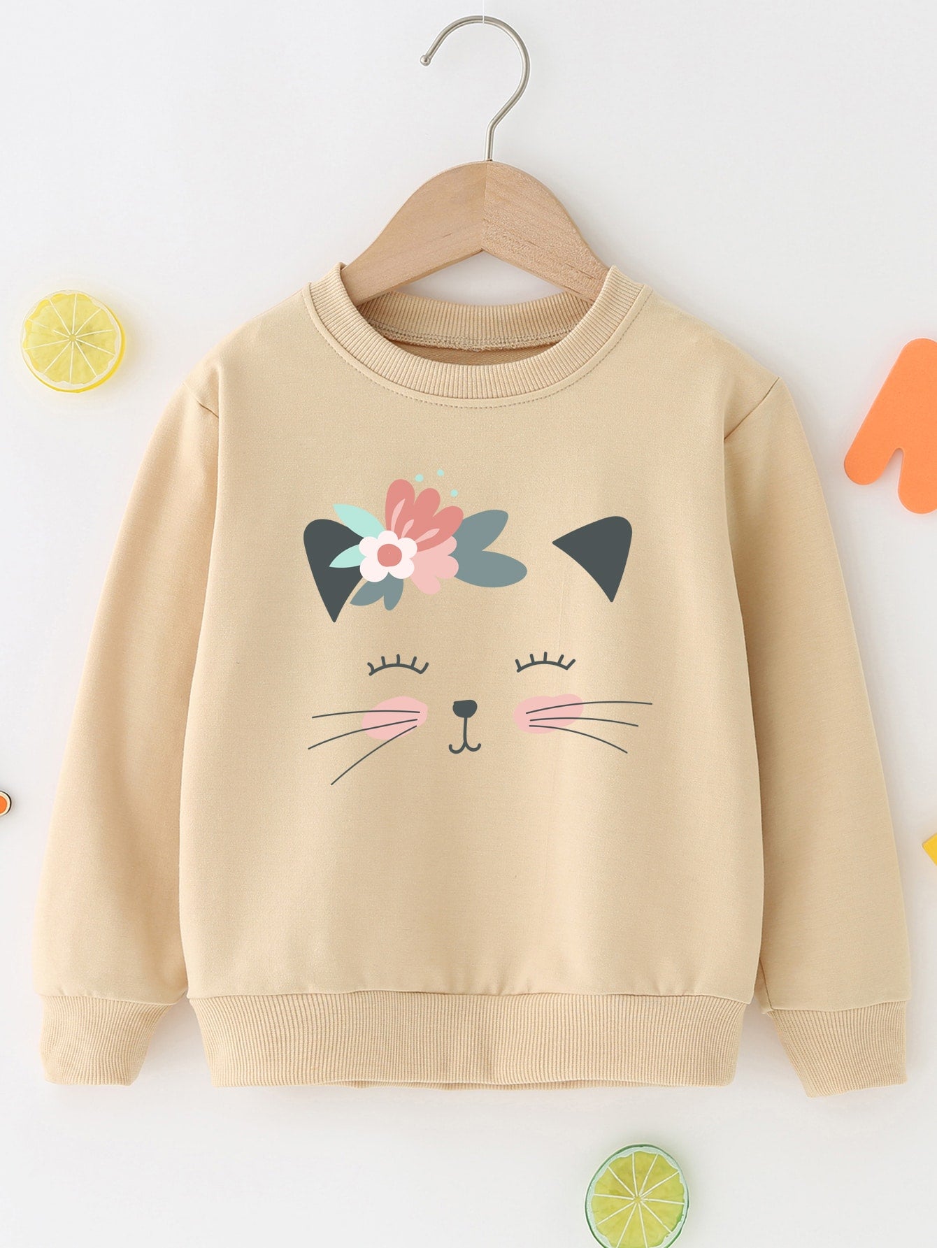 Young Girl Casual Cute Floral & Kitten Print Round Neck Pullover Sweatshirt