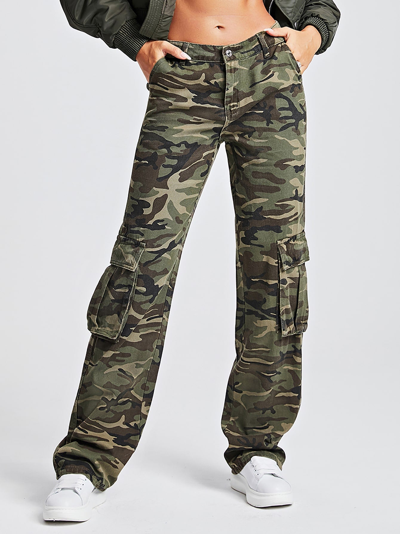 Camo Print Flap Pocket Cargo Jeans