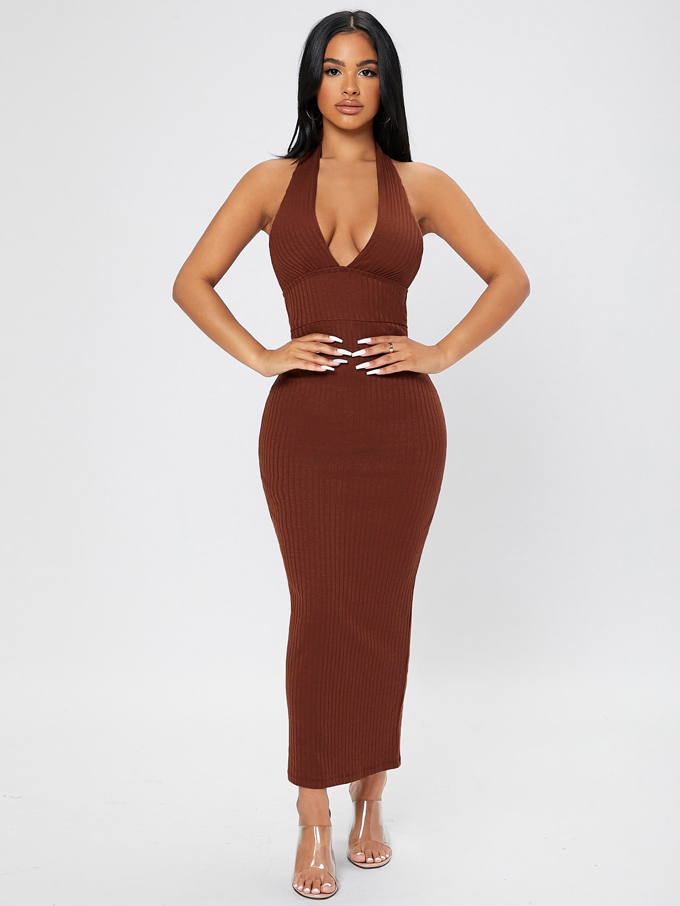 Ribbed Knit Tie Backless Halter Bodycon Dress