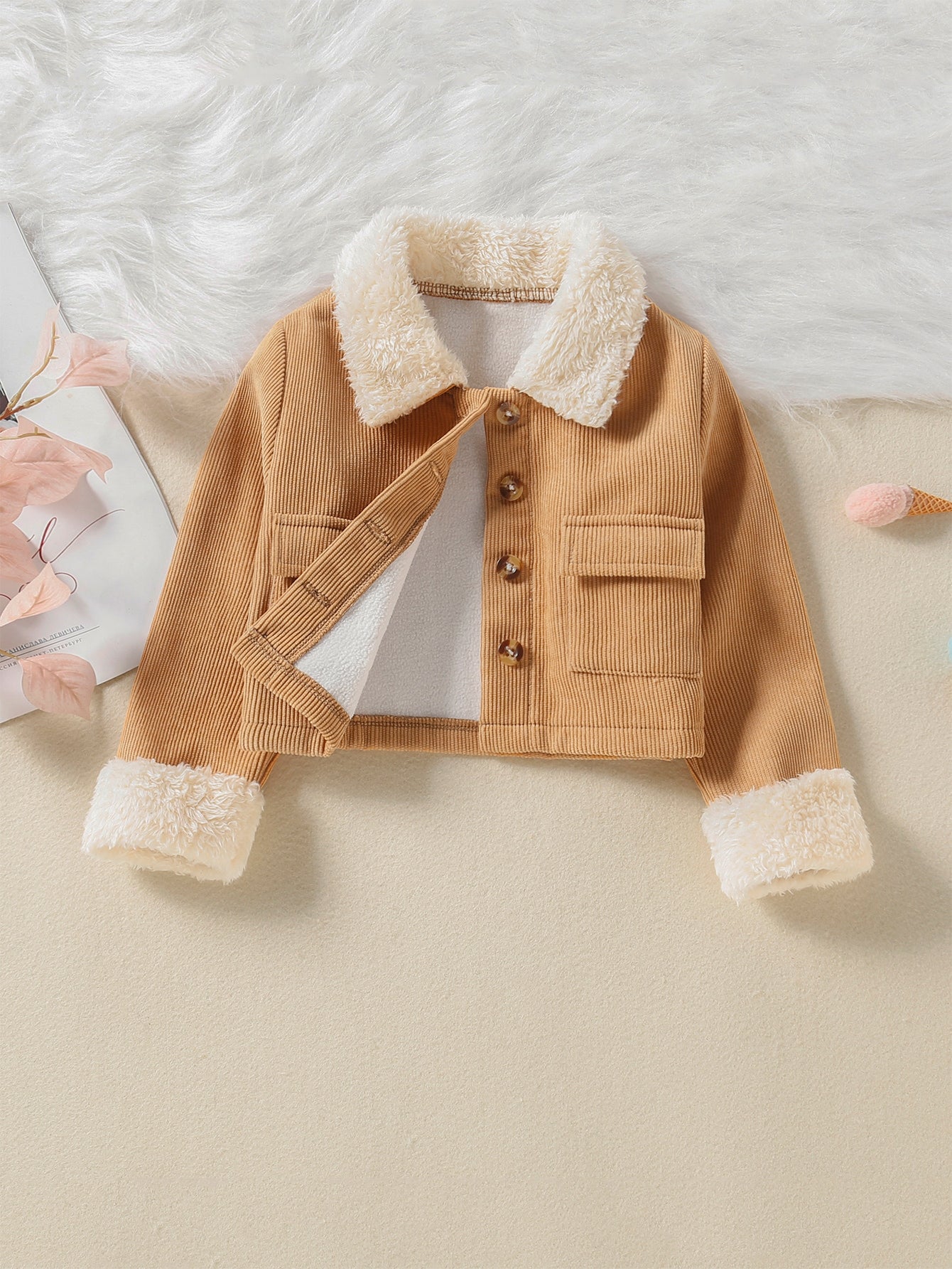 Young Girl Flap Pockets Single Breasted Borg Collar Lined Corduroy Jacket