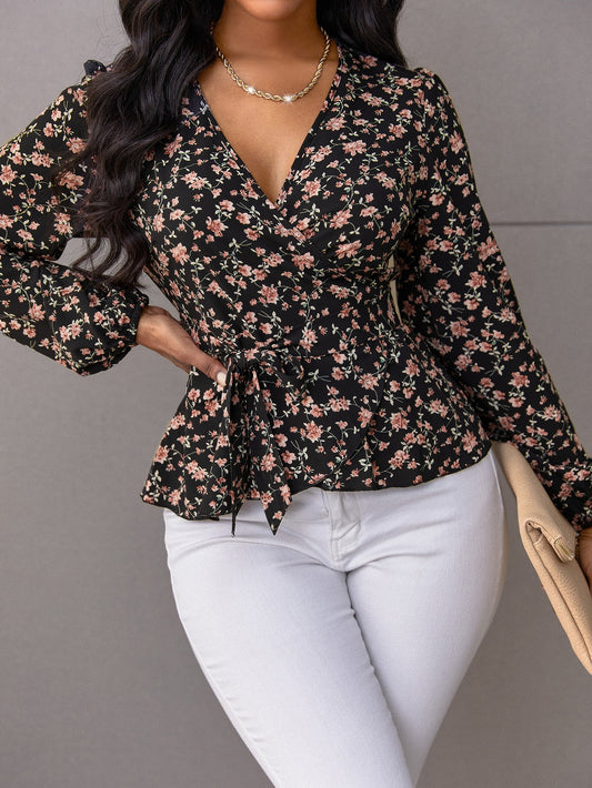 Random Floral Print Belted Blouse