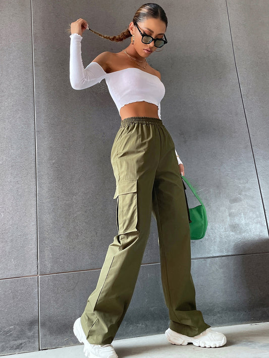 Solid High Waist Flap Pocket Cargo Pants