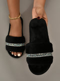 Women Rhinestone Decor Fuzzy Slippers, Fashion Indoor Home Slippers