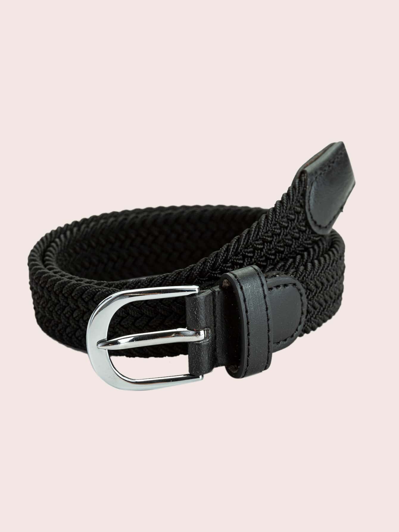 1pc Boys' Black Braided Elastic Belt, Suitable For Daily Use