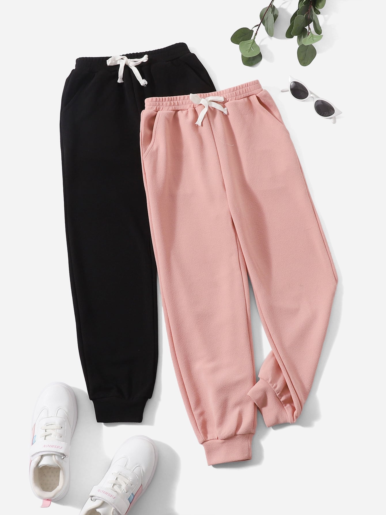 2pcs/Set Tween Girl Casual Solid Color Elastic Waist Cuffed Pants