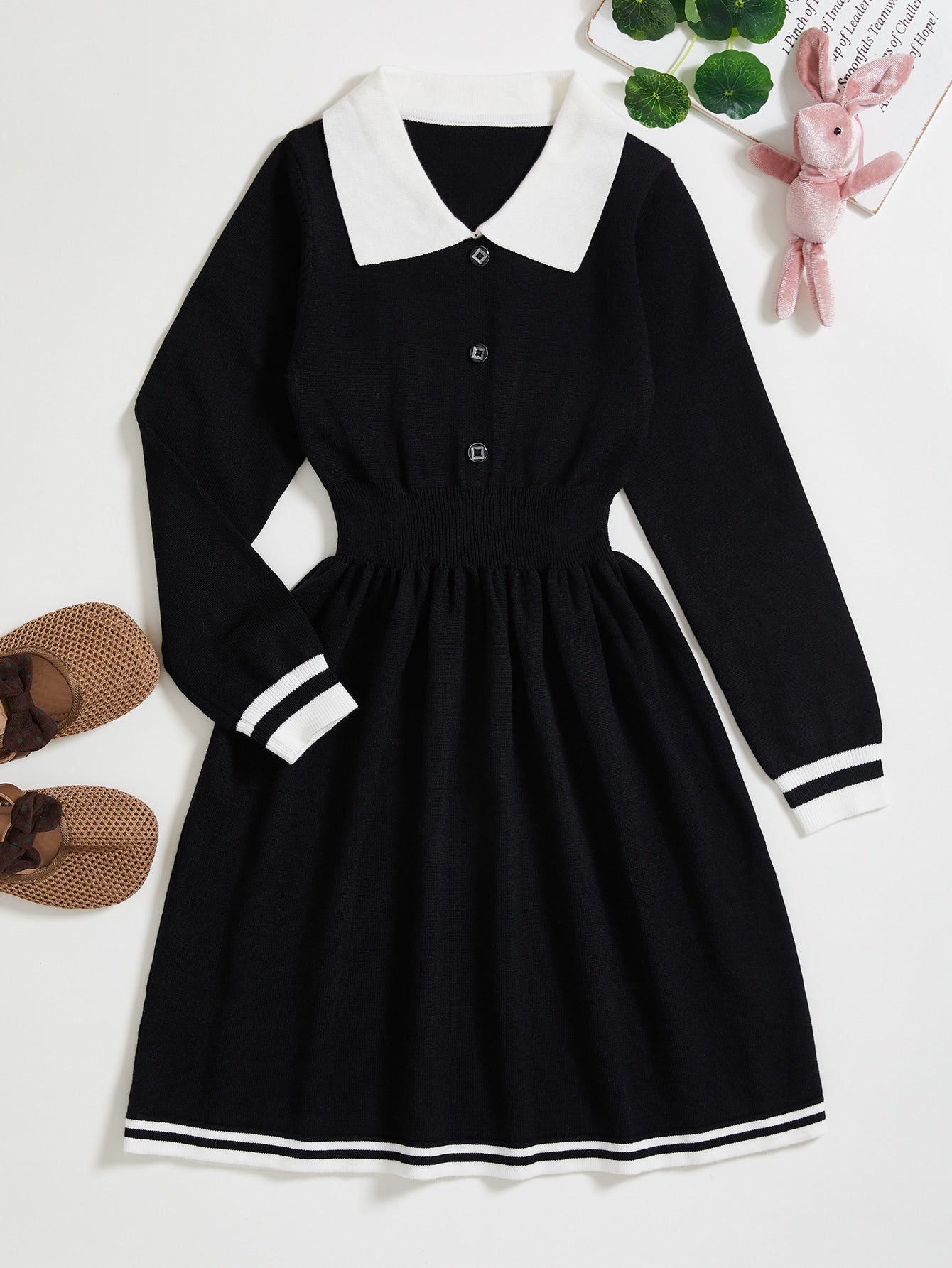 Tween Girl Single Breasted Contrast Trim Sweater Dress