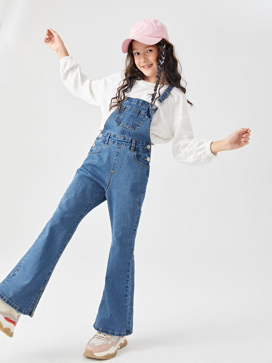 Tween Girl 1pc Pocket Front Denim Flare Leg Overalls Without Pullover