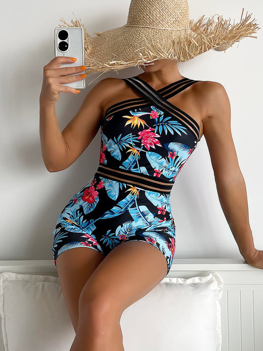 Swim Floral & Tropical Print Contrast Mesh One Piece Swimsuit,Summer Beach