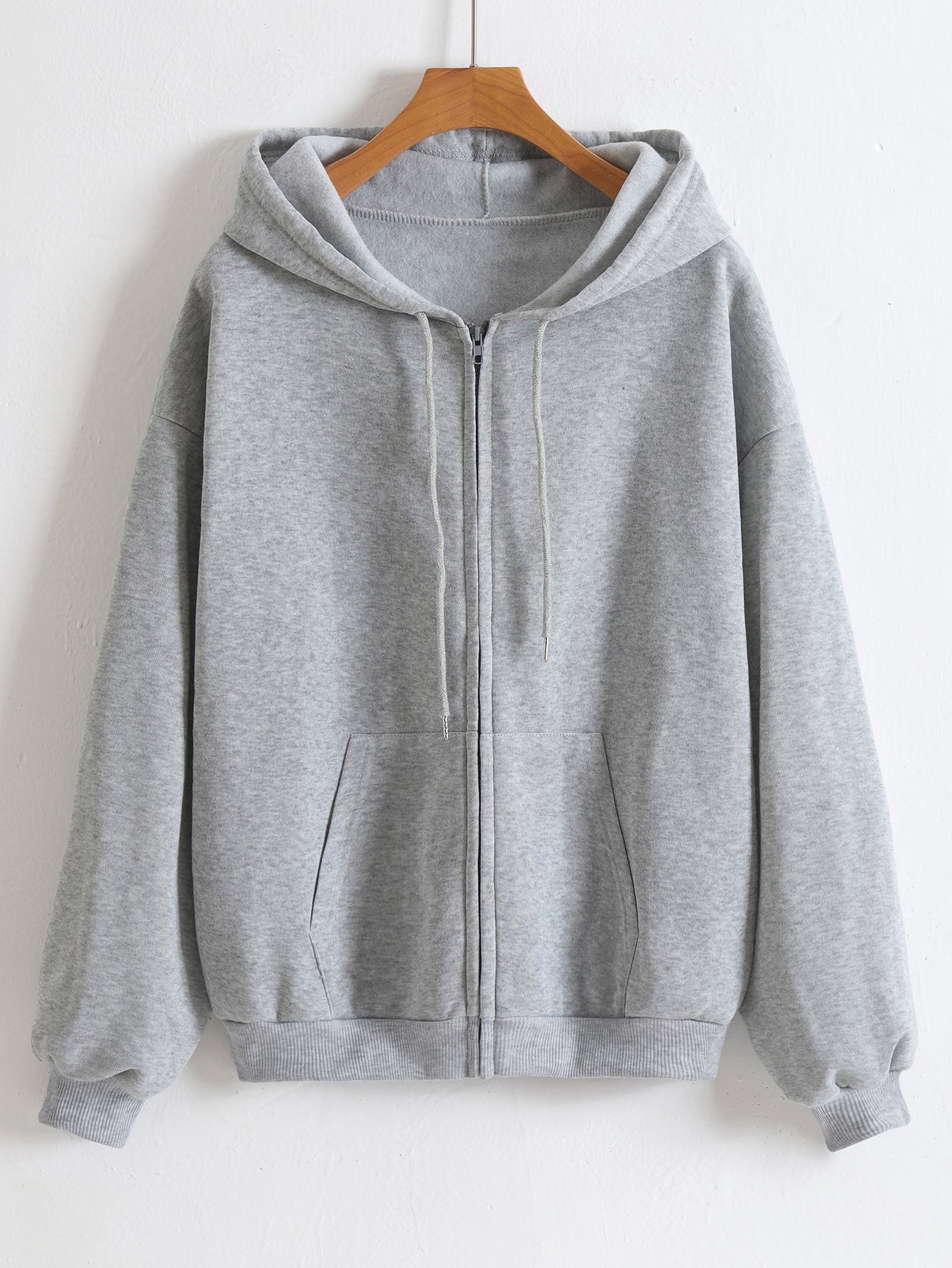 Solid Drop Shoulder Zip Up Drawstring Hoodie