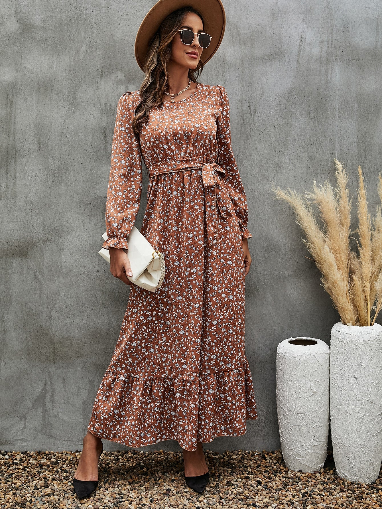 Ditsy Floral Print Flounce Sleeve Ruffle Hem Belted Dress