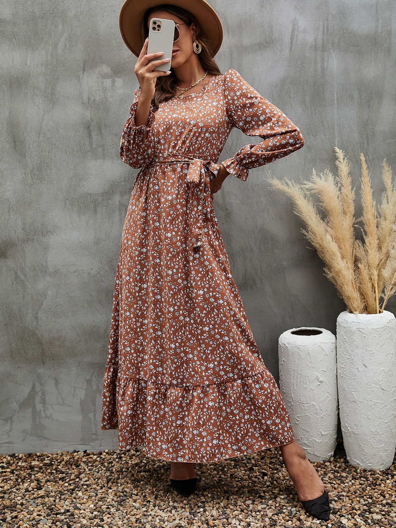 Ditsy Floral Print Flounce Sleeve Ruffle Hem Belted Dress