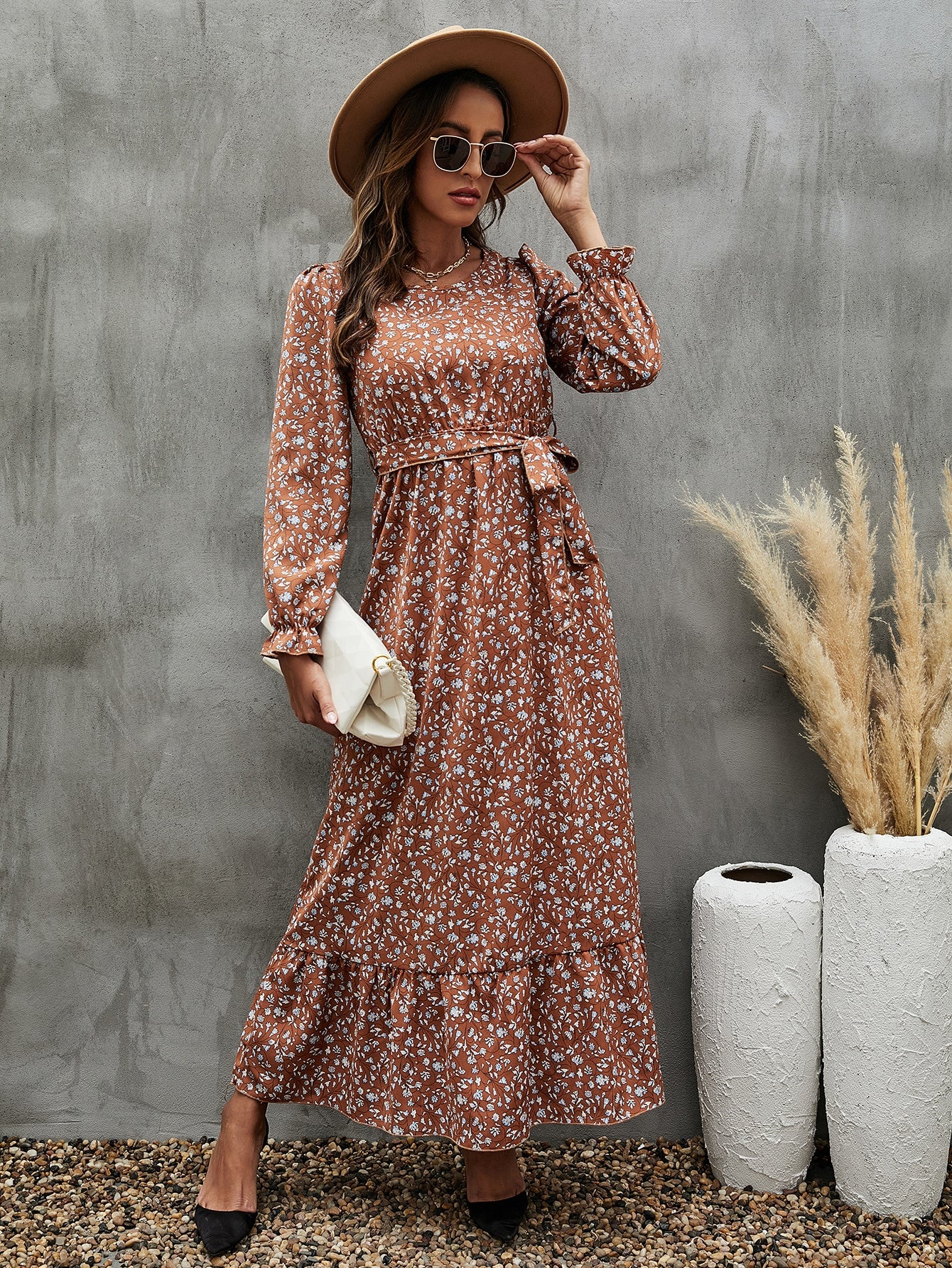 Ditsy Floral Print Flounce Sleeve Ruffle Hem Belted Dress