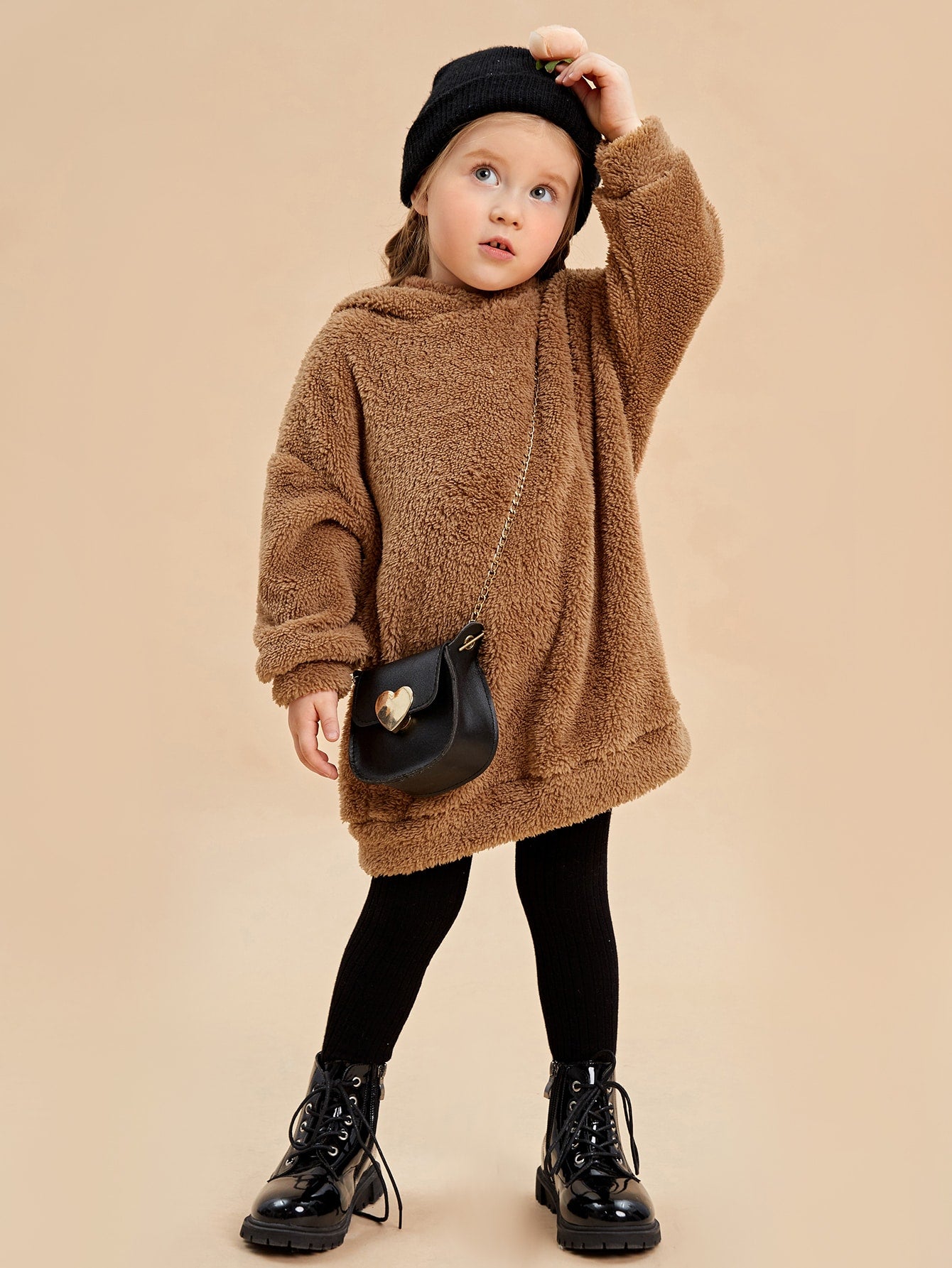 Young Girl Drop Shoulder Teddy Hoodie Dress Without Bag